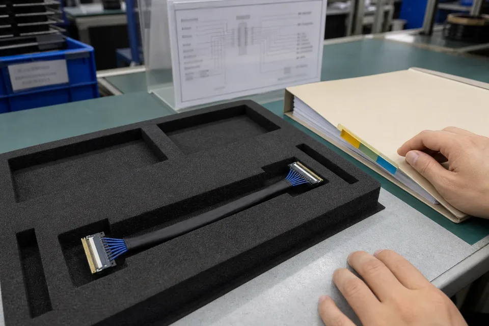 Pin-definition controlled-document and sample-approval bench for a 30-Pin eDP program, harness with fine-pitch connectors in foam tray, closed folder and pin-out reference card visible