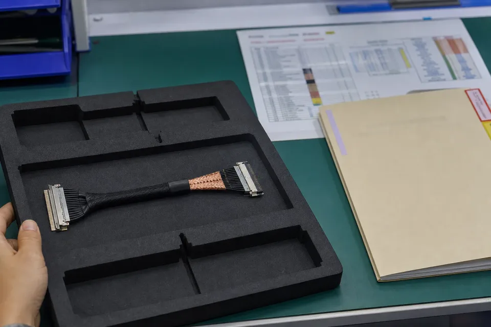 Pin-definition controlled-document and shielded-structure sample-approval bench for a 40-Pin eDP high-density program, harness with two dense fine-pitch connectors in foam tray, exposed copper-toned shielding visible, closed folder and pin-out reference card on the side