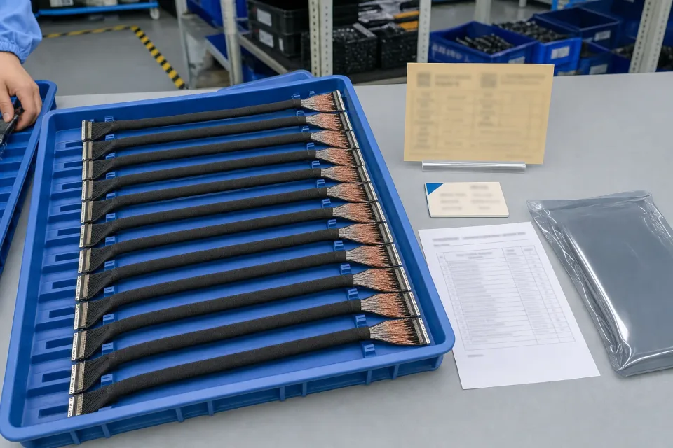 Batch lot tray of 40-Pin eDP finished harnesses with uniformly wrapped shielded jackets, exposed shield-braid termination zones, neutral lot card, version-tag card, and packaging sleeve, all text kept unreadable