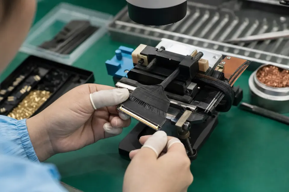 40-pin eDP connector preparation, shielding wrap, and termination detail on a controlled assembly bench