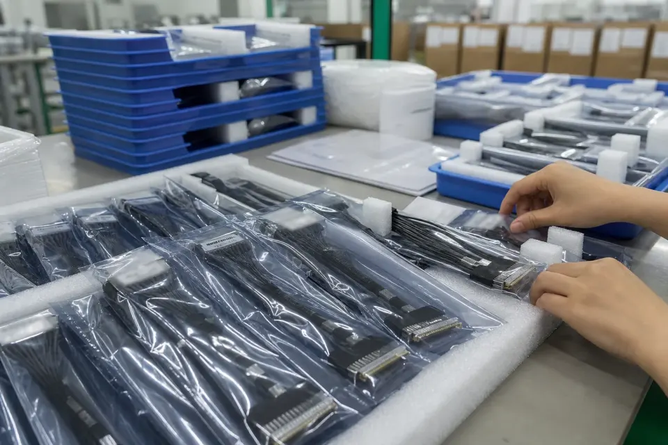 40-pin eDP cable assemblies packed in protective trays and anti-static bags with blurred batch labels