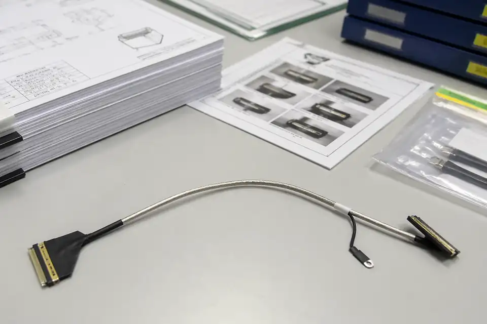 eDP cable assembly document-control and sample-approval scene with files kept secondary to the harness