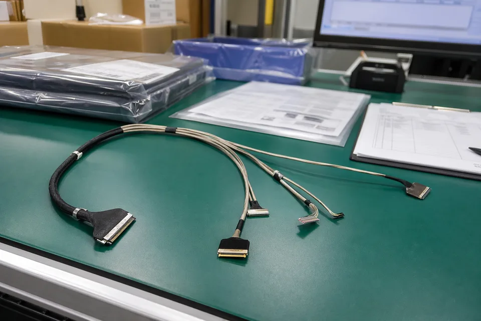eDP connector preparation and fine display-harness routing bench for repeat builds