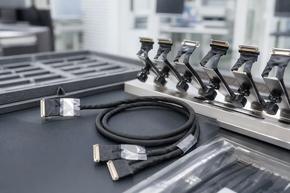 eDP small-batch assembly fixture with display-side connectors and protected cable tails