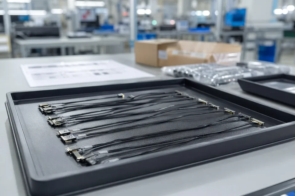 eDP production staging tray with multiple display harnesses organized for repeat builds