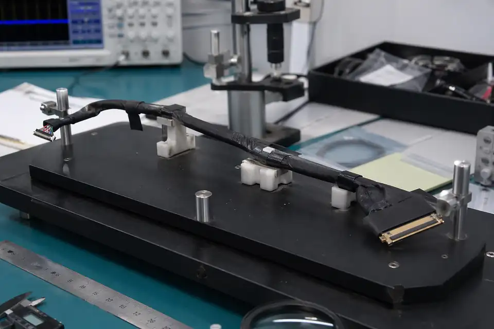 eDP cable assembly engineering and quality review scene with harness and fixture detail