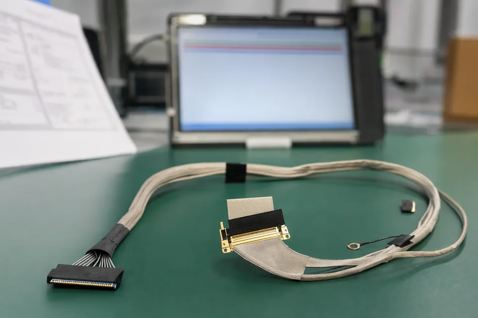 eDP continuity and pinout verification bench with harness foreground and test context