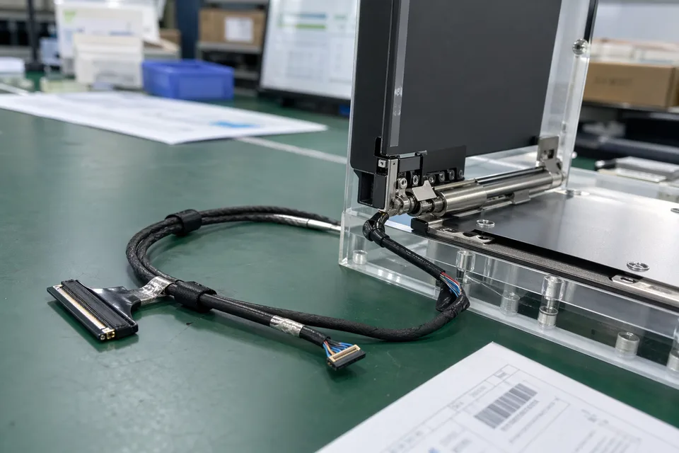 eDP compact display-hinge fit review with cable bend clearance and route control visible