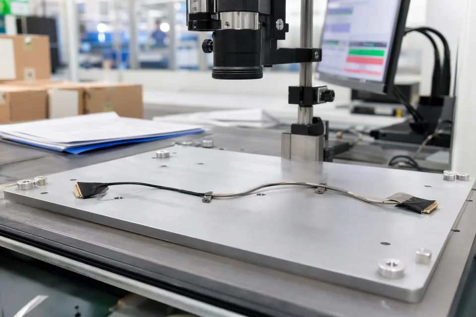 eDP connector seating, shielding wrap, and route-consistency inspection fixture scene