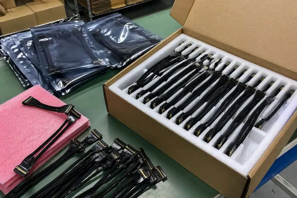 eDP cable assemblies packed in anti-static protective packaging with labels and carton-preparation context