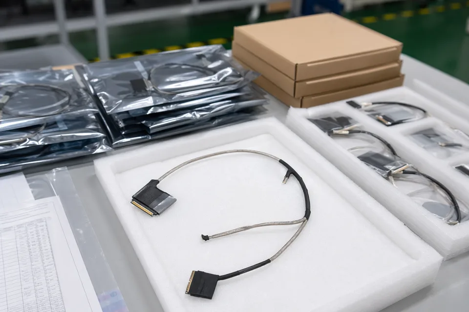 eDP harnesses packed in anti-static bags and foam trays with connector protection