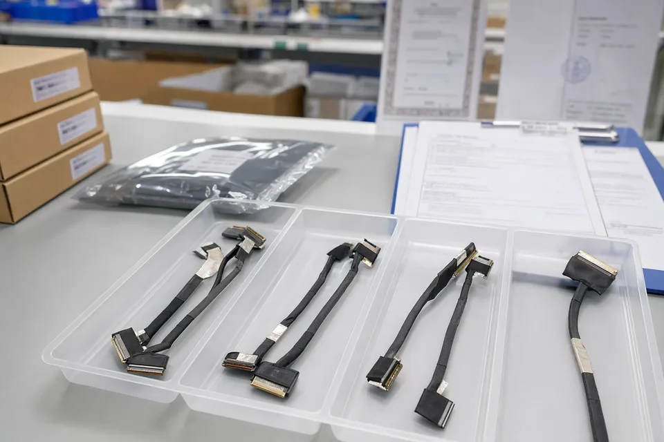 eDP sample shipment preparation with compact display cables, tray dividers, and label context