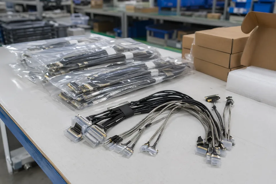 eDP carton staging with protected cable ends, batch separation, and traceable delivery support