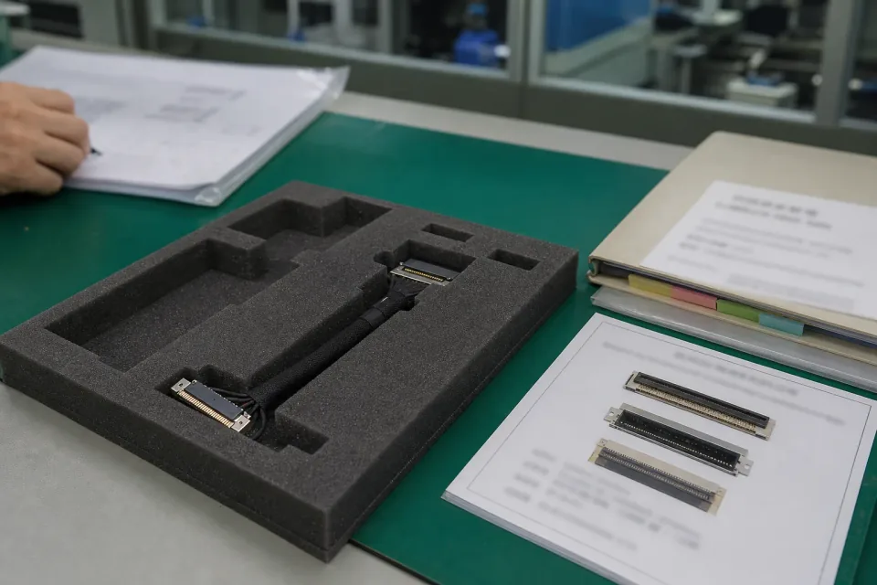 Controlled-document and sample-approval bench for a non-branded I-PEX 20455-compatible eDP harness program, sample tray and unreadable folder visible