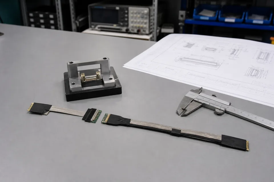 Non-branded I-PEX 20455-compatible connector review scene with eDP cable sample, mating reference, caliper, and controlled drawing context