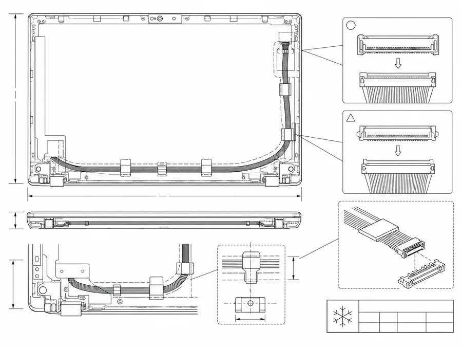 Laptop display-module eDP harness route line-art with model-specific connector matching and a revision-freeze marker