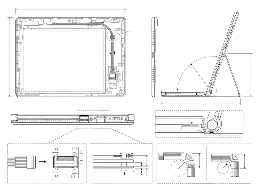 Tablet and 2-in-1 eDP route line-art emphasizing connector direction, local stacking, and bend zones