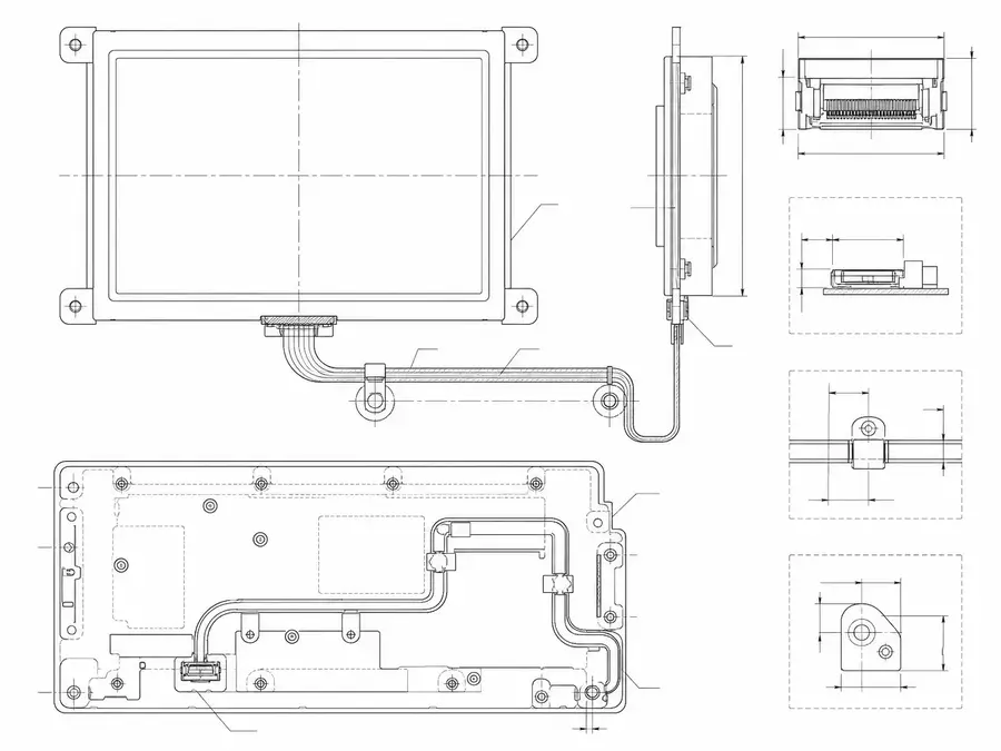 Compact industrial-display eDP route line-art with connector matching, route stability, and fixing points