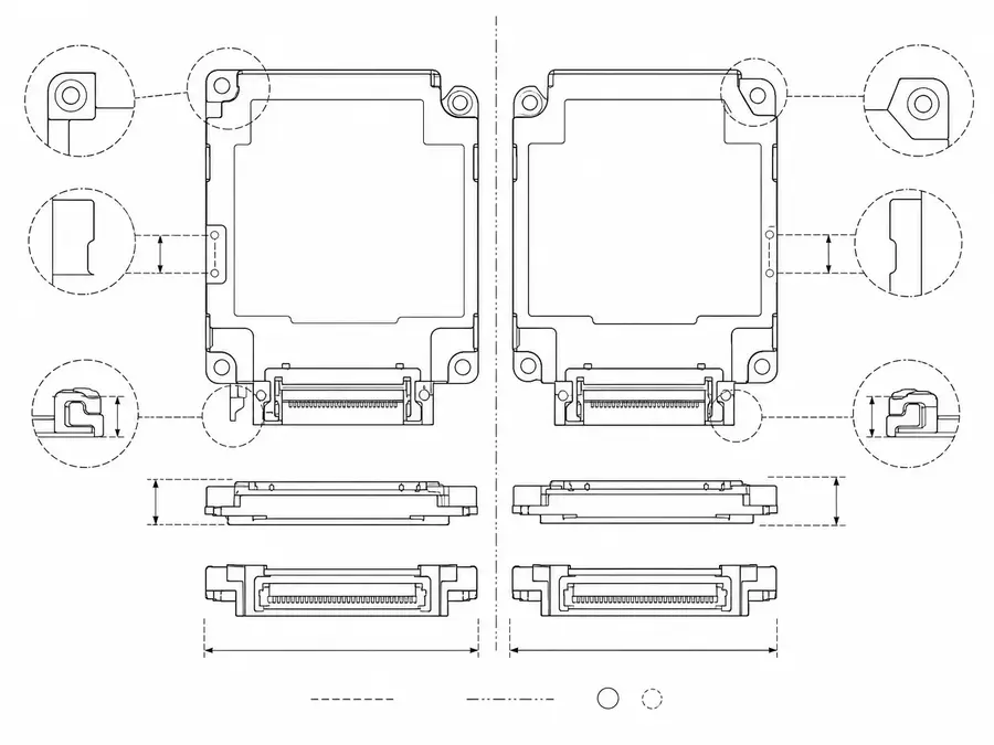 Replacement-program eDP comparison line-art of an old part versus an active part with revision-boundary callouts