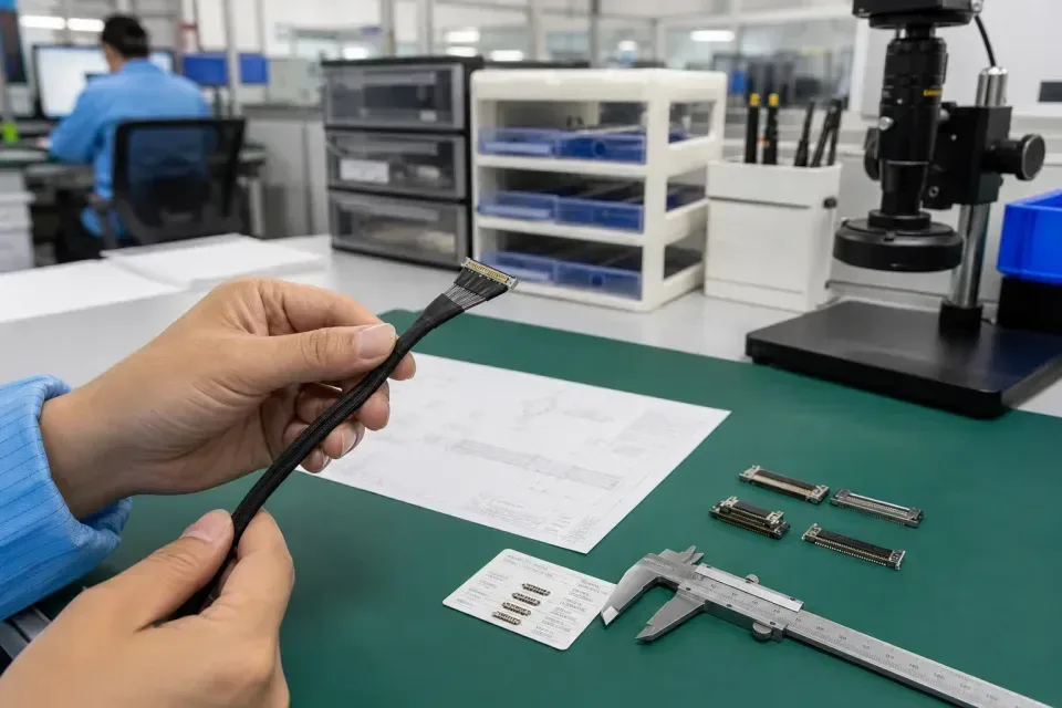 Non-branded I-PEX 20455-compatible eDP cable engineering drawing and part-reference review scene
