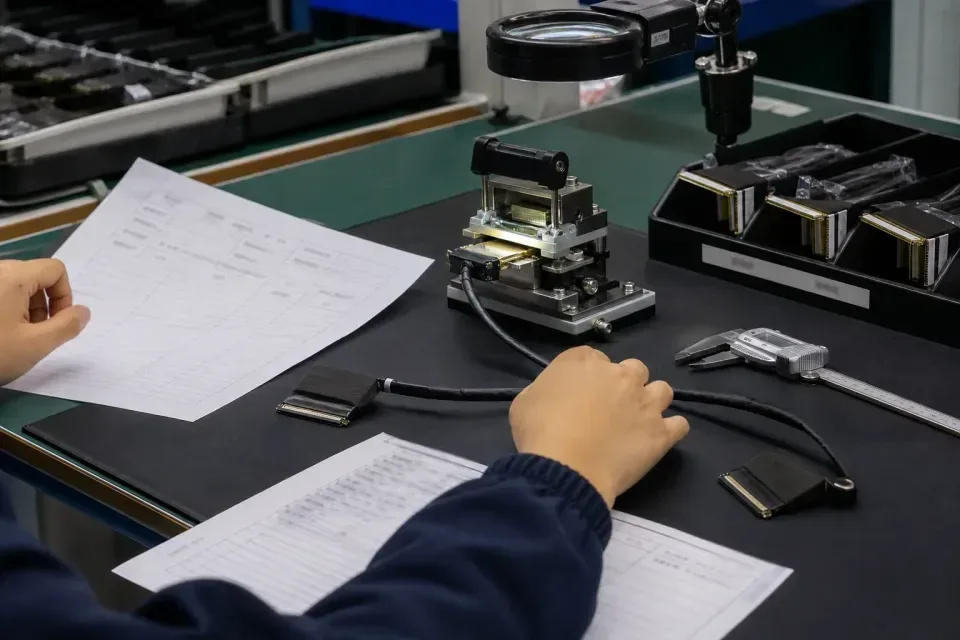 Inspection and sample-approval record scene for a non-branded I-PEX 20455-compatible eDP cable assembly