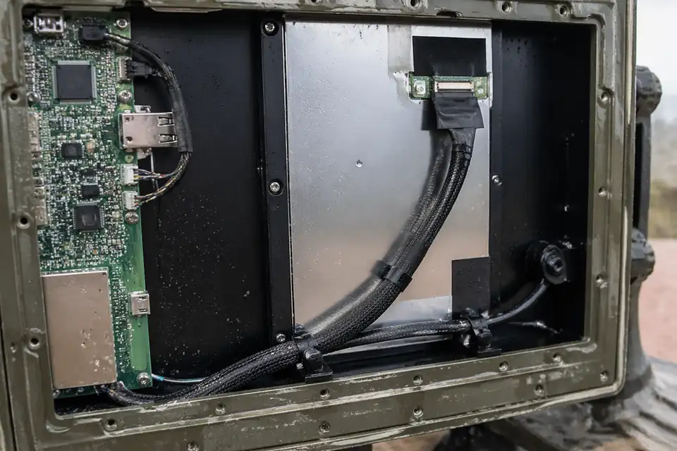 eDP route inside a rugged outdoor display terminal with protected routed harness