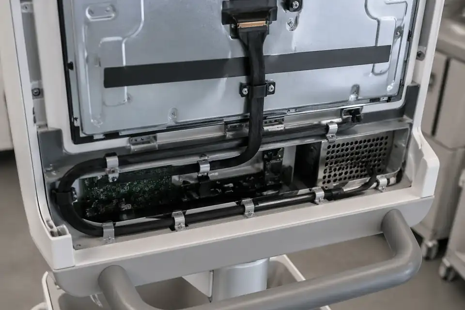 eDP route inside a mobile medical cart display unit with compact protected routing