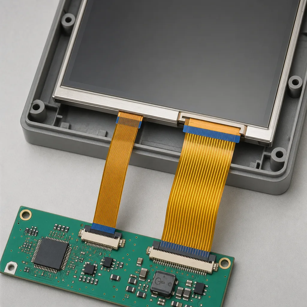 0.5mm and 1.0mm pitch FFC and FPC assemblies installed between a compact display module and control board for pitch and route-fit review