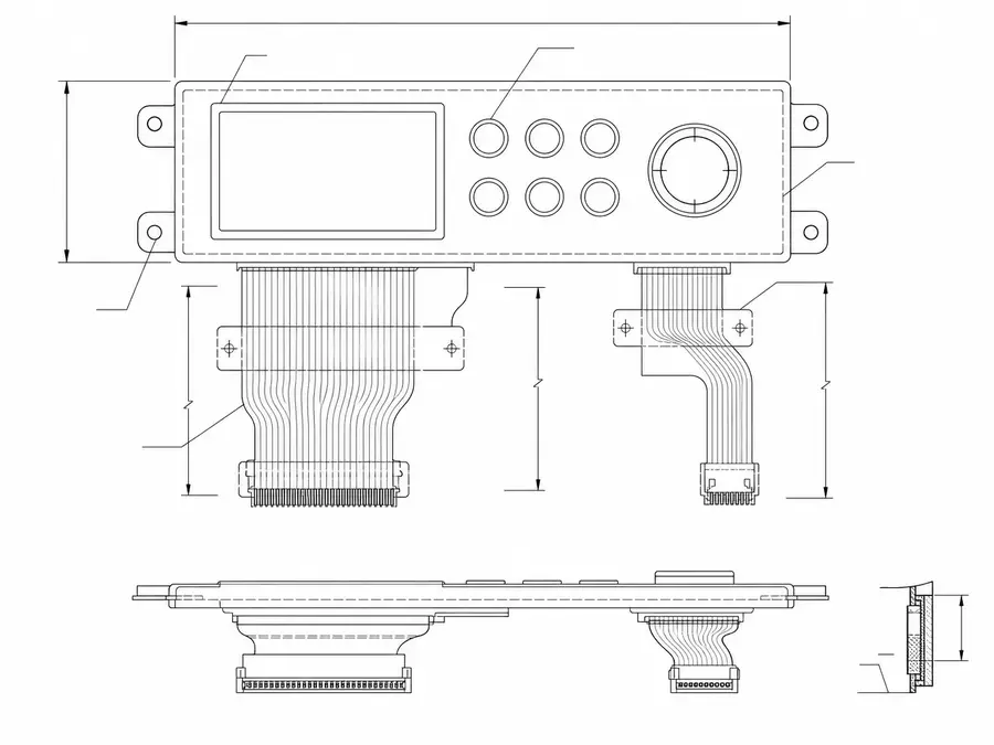 Compact control-panel FFC and FPC route line-art with short flexible paths and clean stiffener positioning
