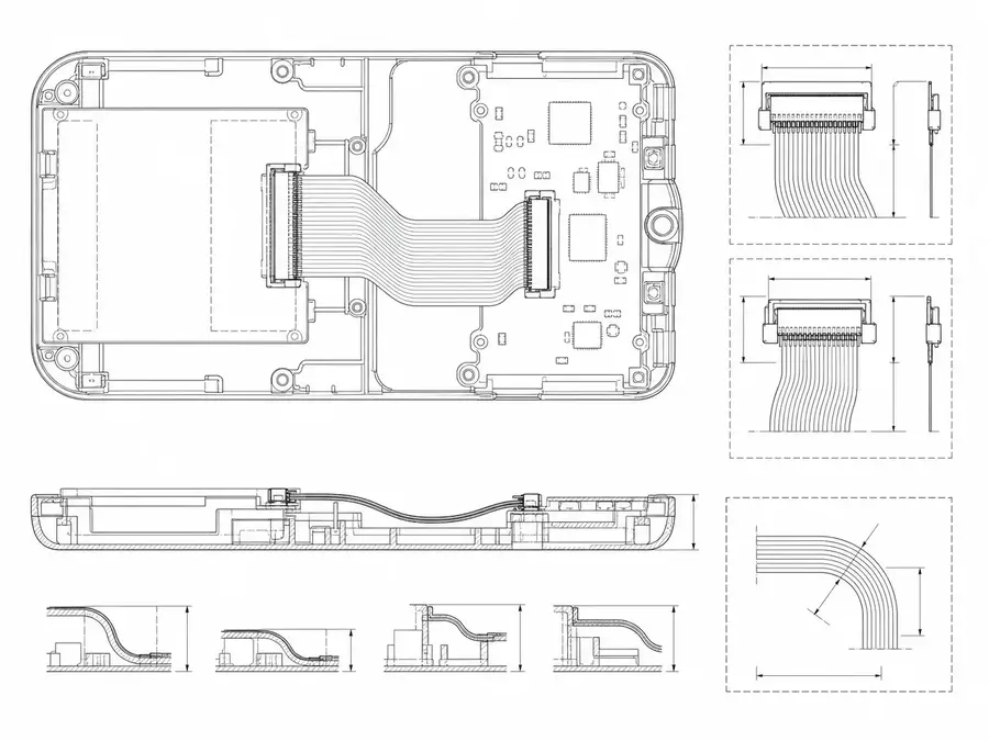 Handheld-electronics FFC and FPC interconnect line-art inside a constrained housing with light flexible routing