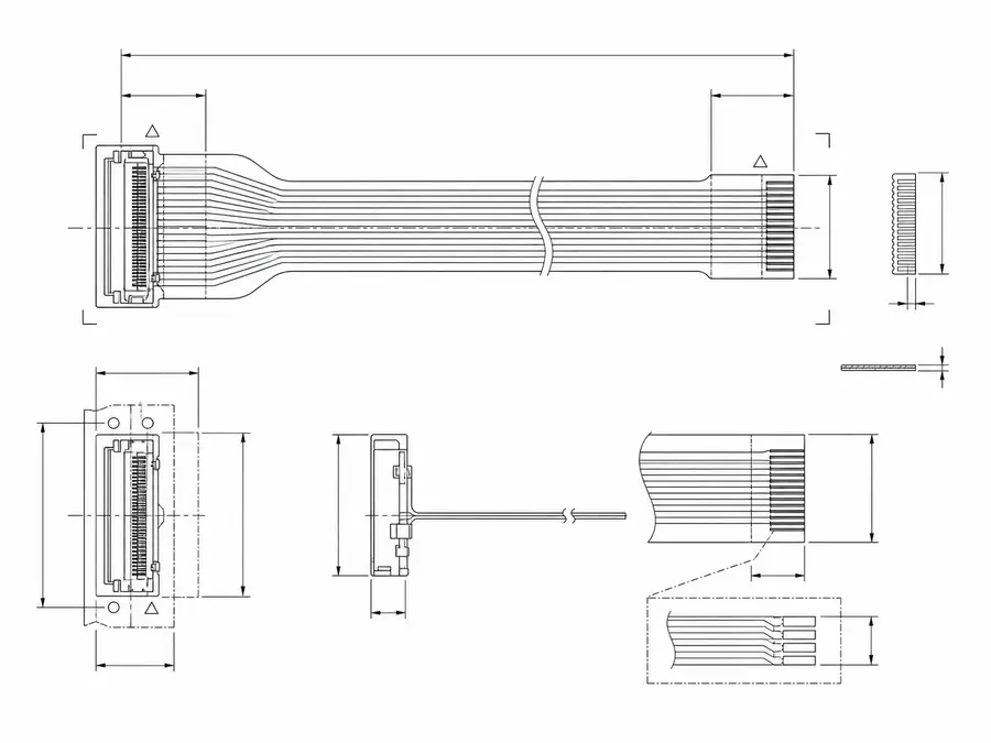 Replacement FFC and FPC route line-art matching old pitch and conductor count to a current connector