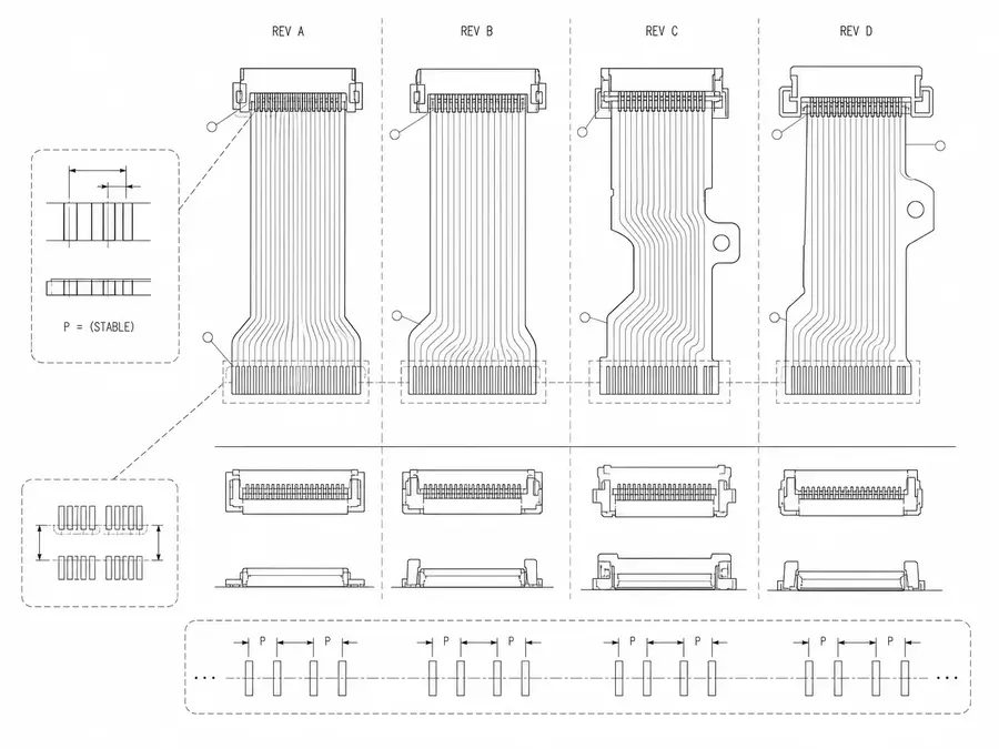 Multi-revision FFC and FPC layout line-art keeping one pitch definition stable across device versions