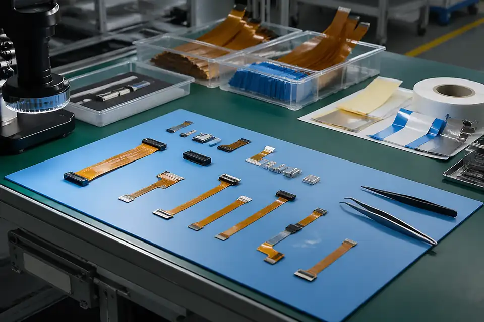 FFC and FPC assembly workstation with flexible cable handling and organized reinforcement preparation