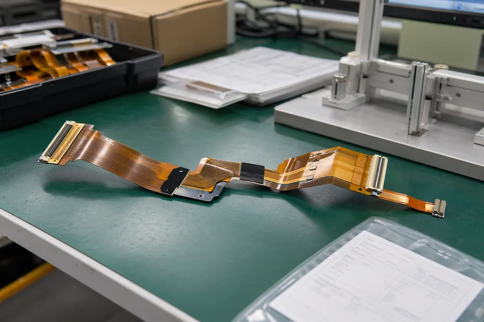 FFC and FPC fine-pitch interconnect assembly bench with fixtures and broad cable surfaces