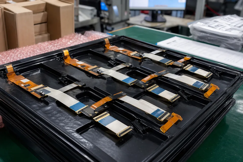 FFC and FPC small-batch production tray staging with protected flexible tails and connector ends