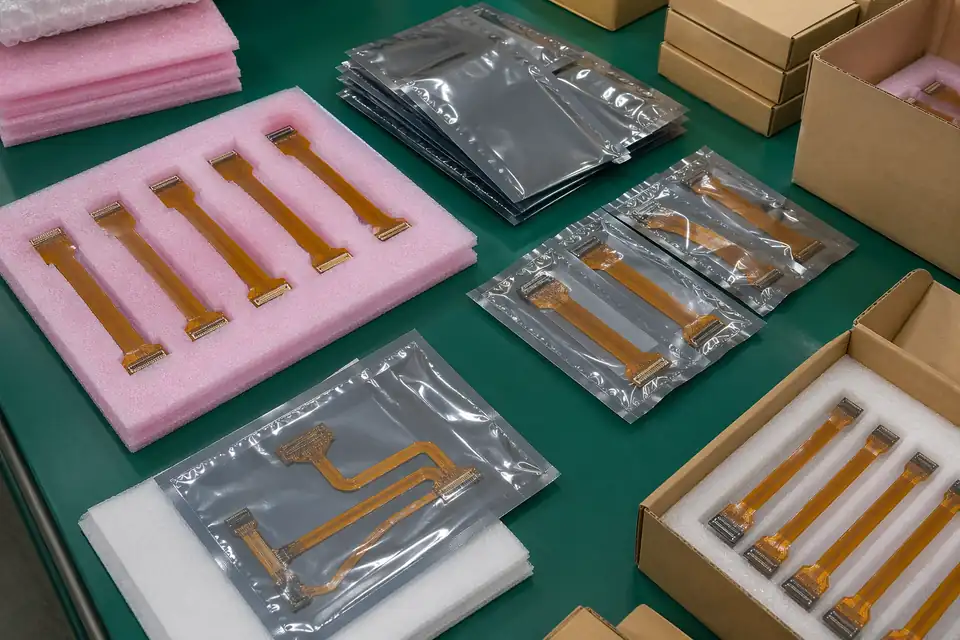 FFC and FPC assemblies packed in anti-static protective packaging with labels and carton-preparation context