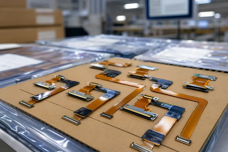 FFC and FPC carton staging with flat protective packaging, batch cards, and delivery support