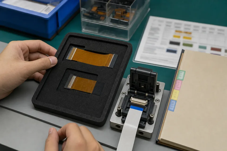 Controlled pitch-definition and ZIF-connector-fit sample-approval bench for a fine-pitch FFC / FPC program, amber FFC and FPC samples in foam tray with reinforcement films, non-branded ZIF socket and insertion fixture demonstrating connector fit, closed folder and pitch reference visible