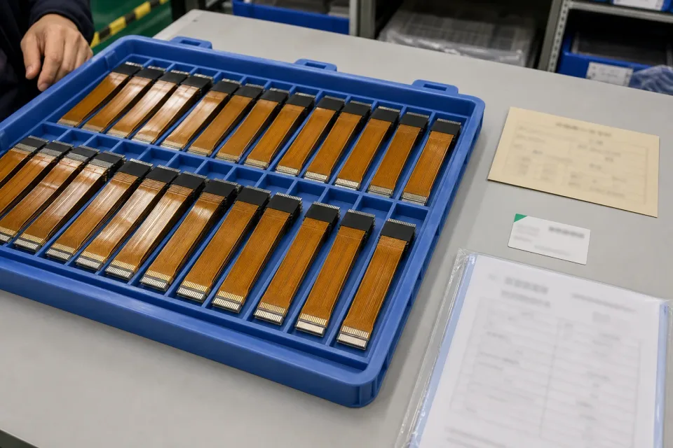 Batch lot tray of fine-pitch FFC / FPC finished samples arranged in parallel with consistent reinforcement films and exposed contact ends in the same relative position, neutral lot card, version-tag card, and connector-fit consistency record sheet, all text kept unreadable