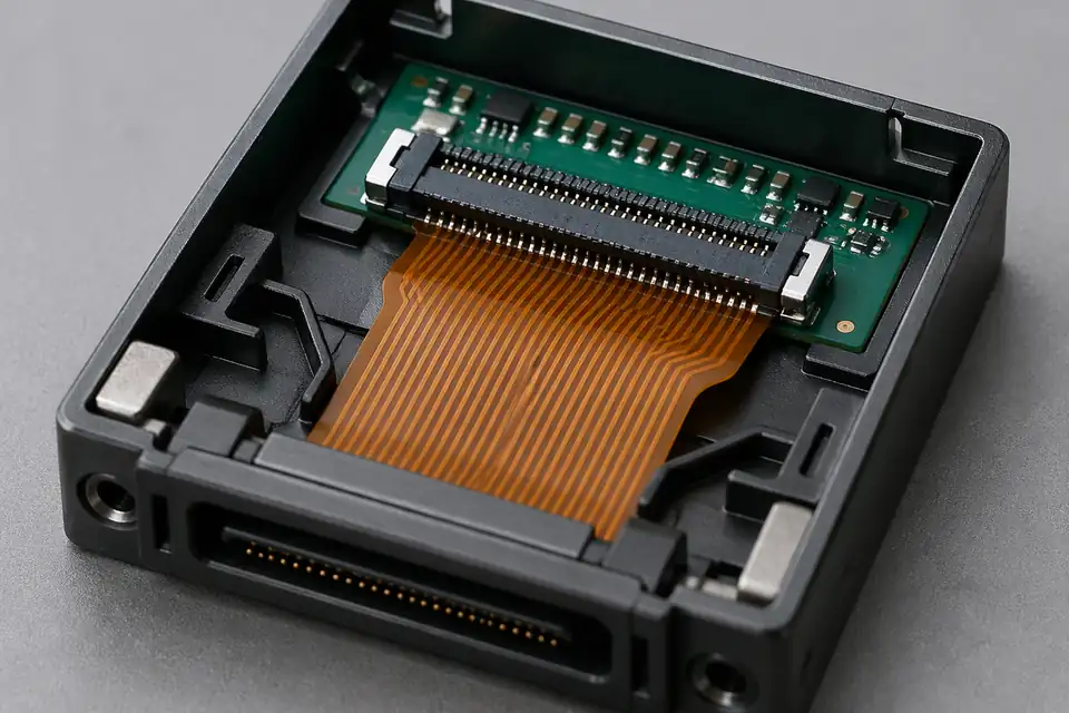 Fine-pitch FFC and FPC assembly inside a small interconnect module