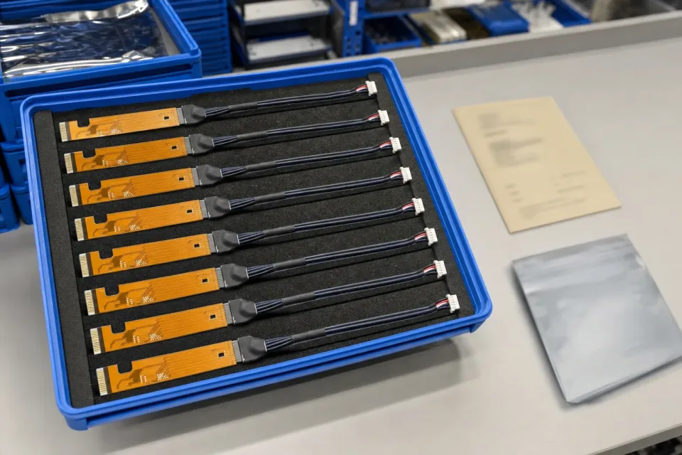 Batch lot tray of FPC-to-wire hybrid finished harnesses with neutral lot card and packaging sleeve, all text kept unreadable