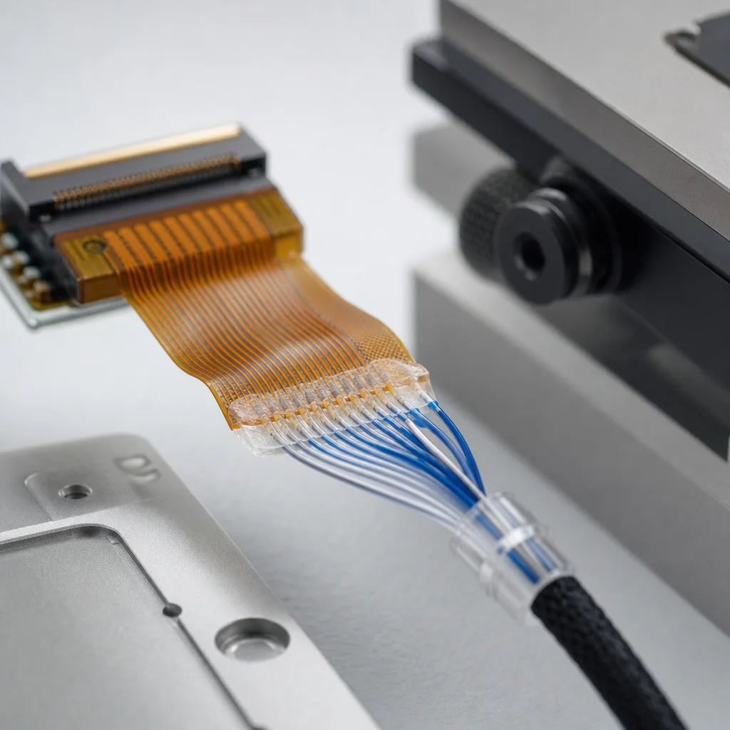 FPC-to-wire hybrid interconnect with reinforced transition zone, discrete wire exit, and inspection fixture context