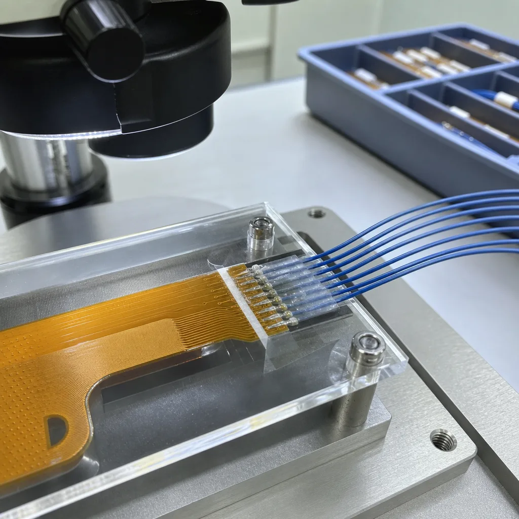 FPC-to-wire hybrid transition-zone inspection scene with reinforced joint, fine wire exit, and strain-relief review fixture