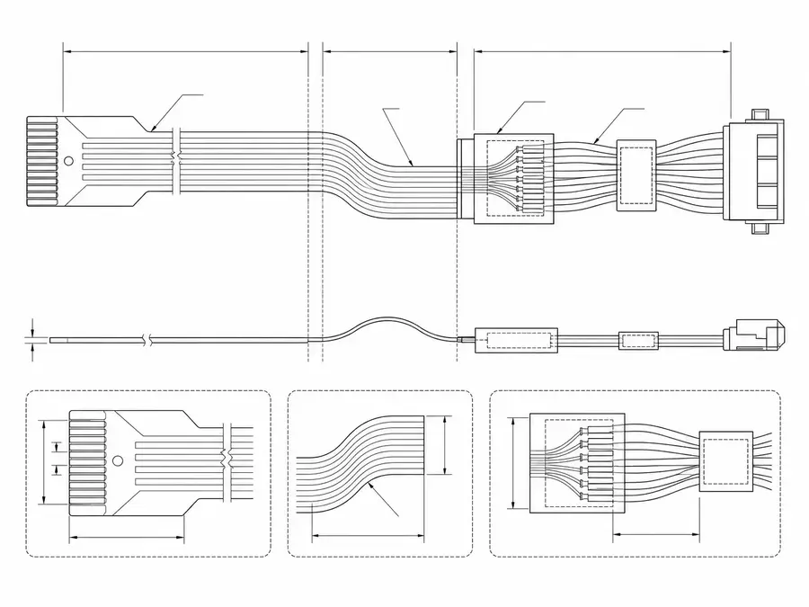 FPC-to-wire hybrid assembly route line-art with the bend zone separated from the transition area