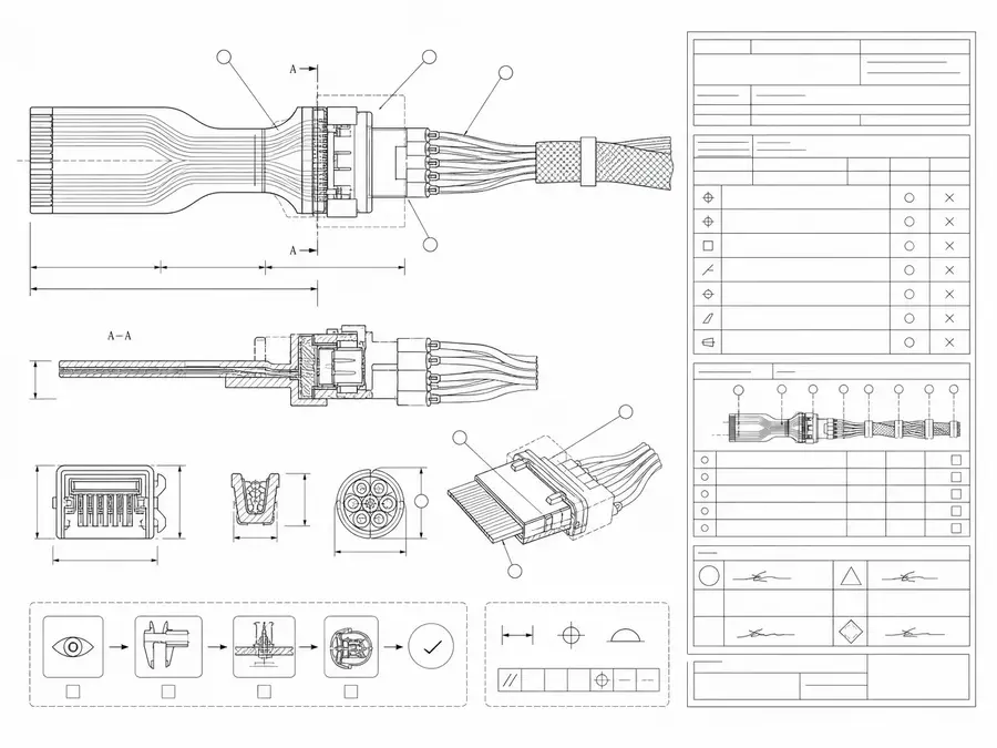 Inspection and sample-approval record line-art tied to an FPC-to-wire hybrid joint with an unreadable sheet
