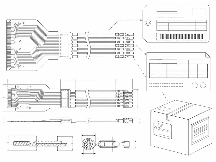Batch-label and shipment-record line-art connected to a released FPC-to-wire hybrid revision