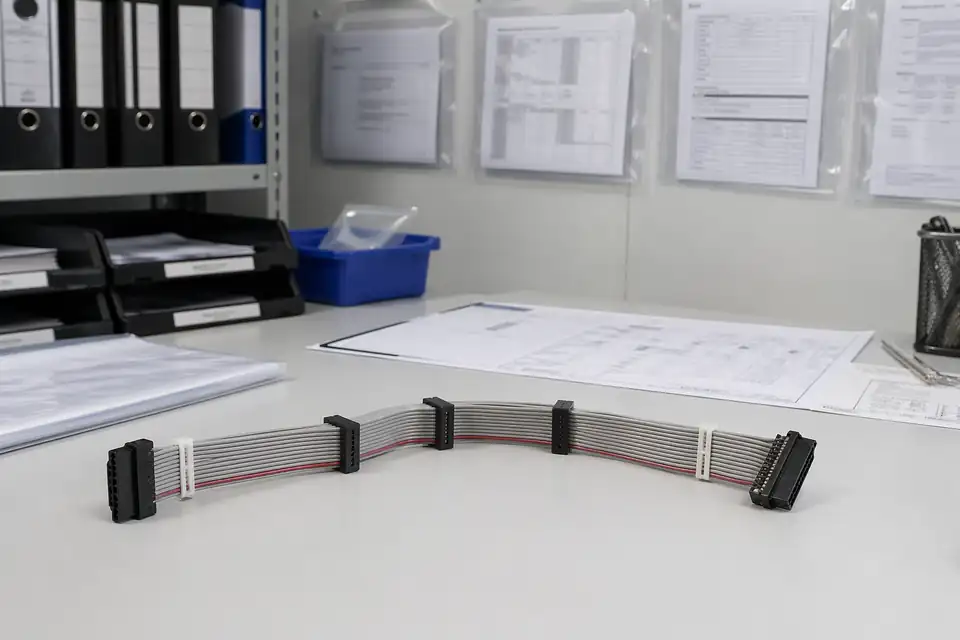IDC cable assembly document-control scene with records secondary to the harness and connector set