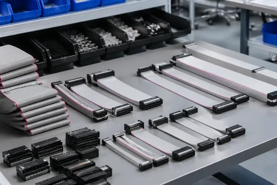 IDC cable assembly workstation with ribbon-cable preparation and organized connector assembly support