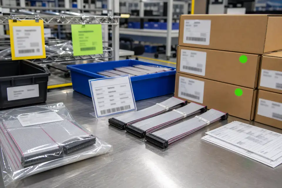 IDC batch labels, carton-control, or protected tray staging with ribbon harnesses visible
