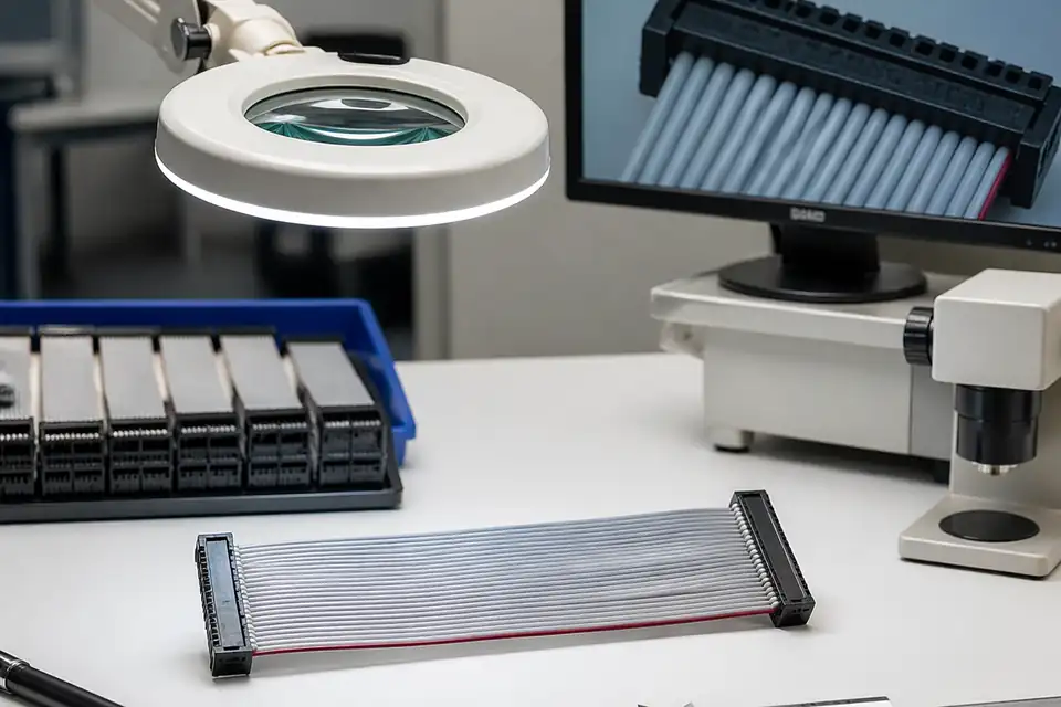 IDC cable assembly quality-review scene with ribbon harness, pin-consistency, and inspection context